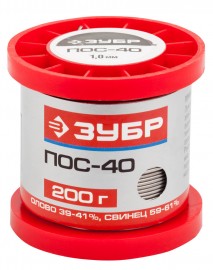 Припой ЗУБР, ПОС 40, проволока, 200г, 1мм